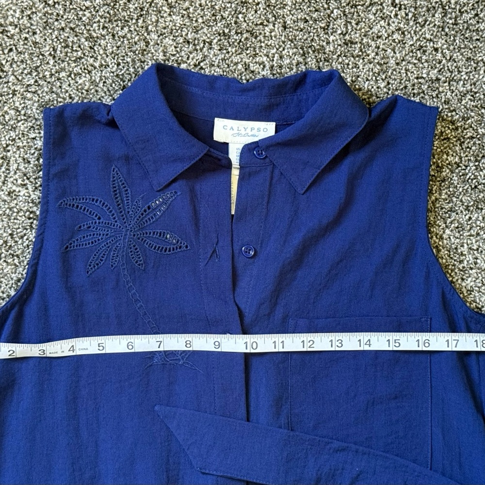 Calypso St. Barth Embroidered Blue Sleeveless Midi Shirt Dress - Picture 7 of 11